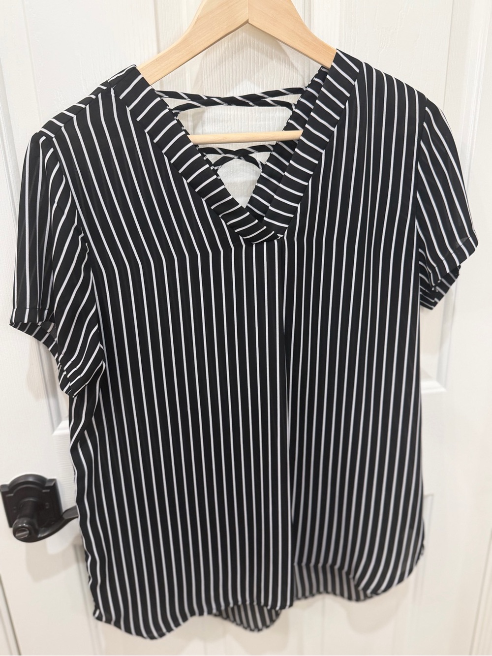 Women’s Black & White Striped V-Neck Top
